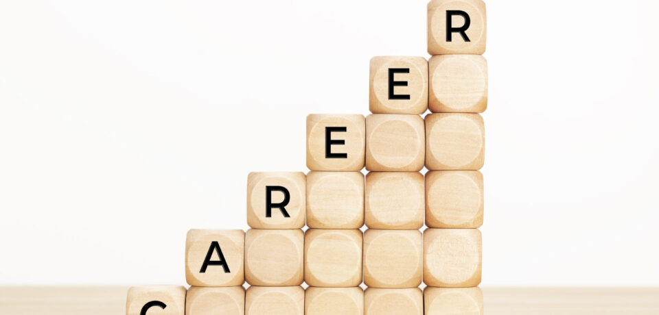 Career Growing concept. Text in wooden dices on table. White background. Copy space
